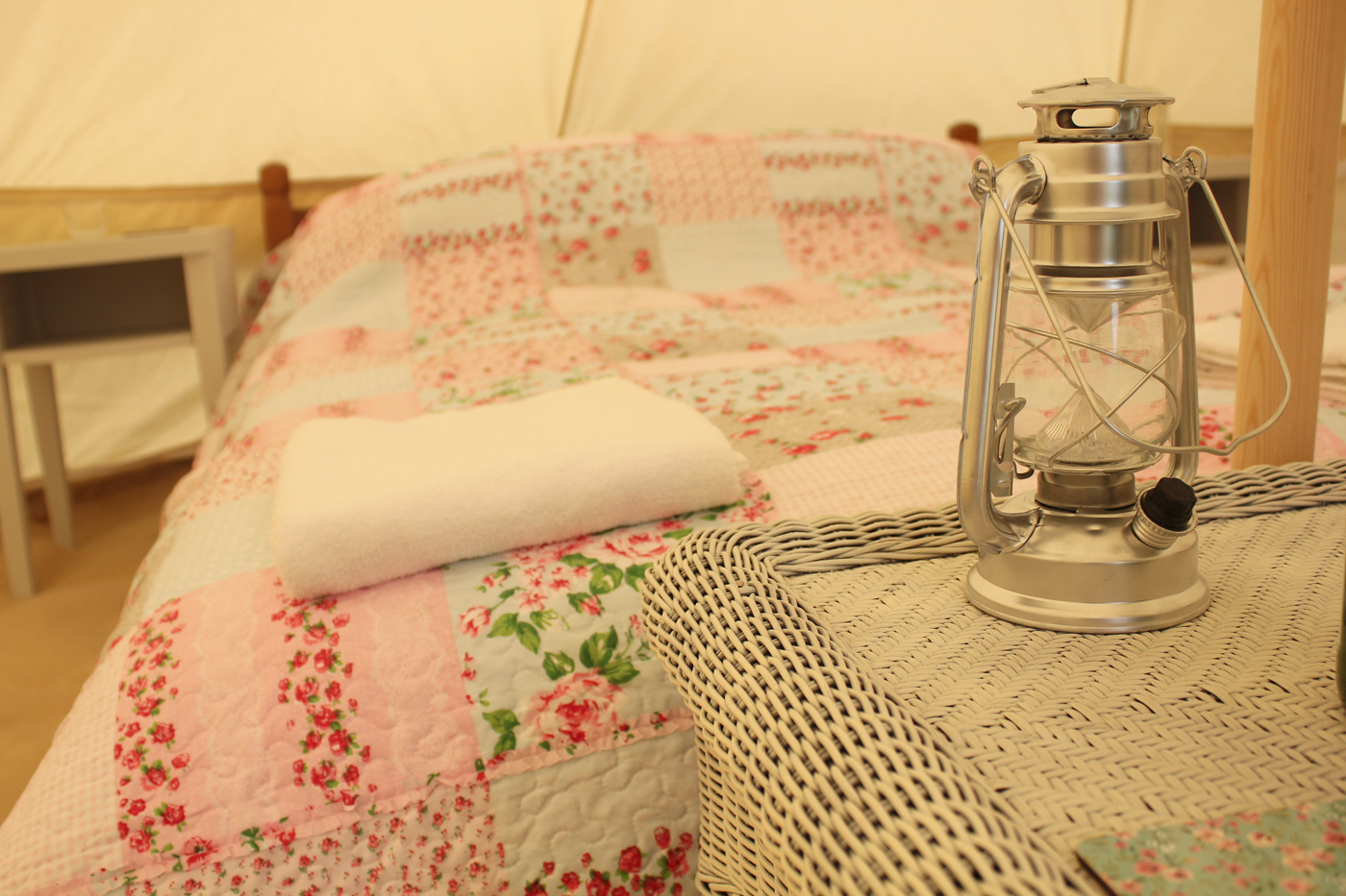Inside our Canvas and Clover Bell Tent