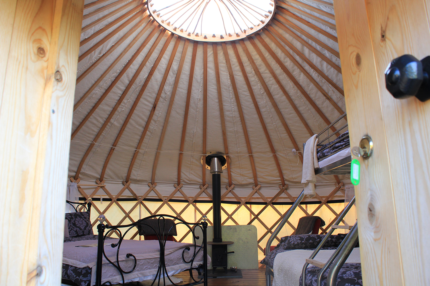 Outside looking into the Red Kite yurt