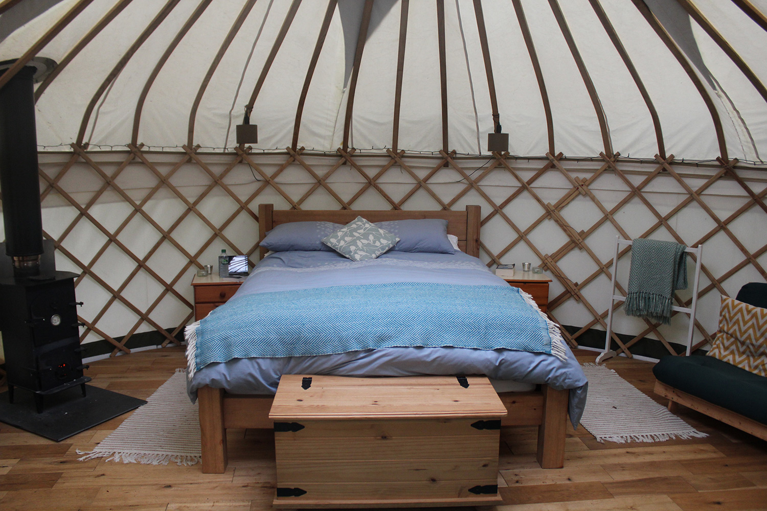 Inside the yurt at Round the Woods