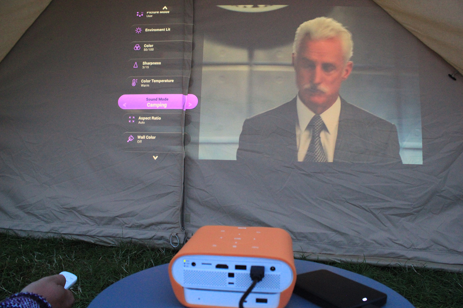 Setting up the BenQ GS1 Camping Proejctor in our tent