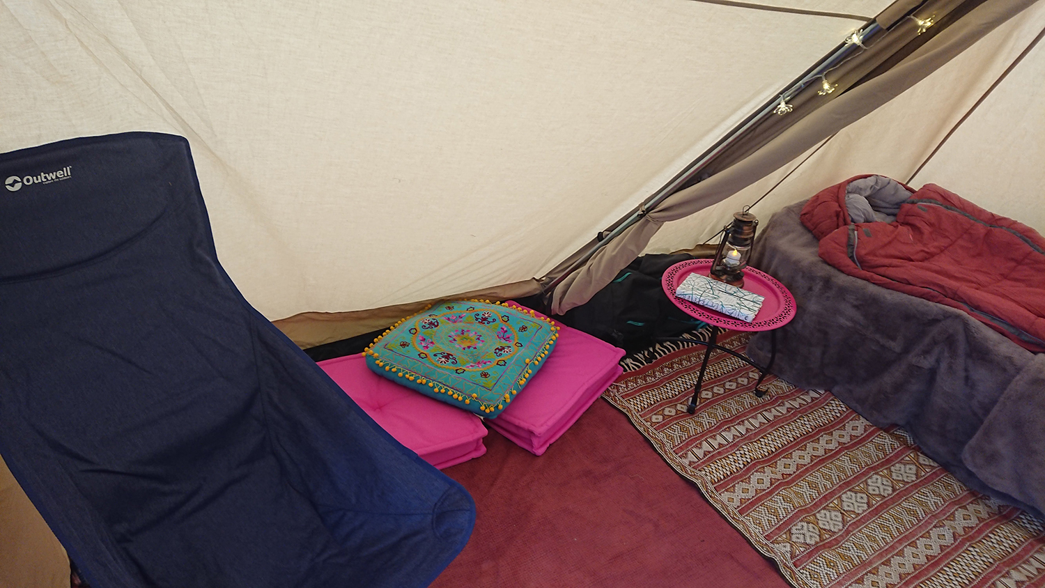 Inside the tent with the bedroom compartment zipped open