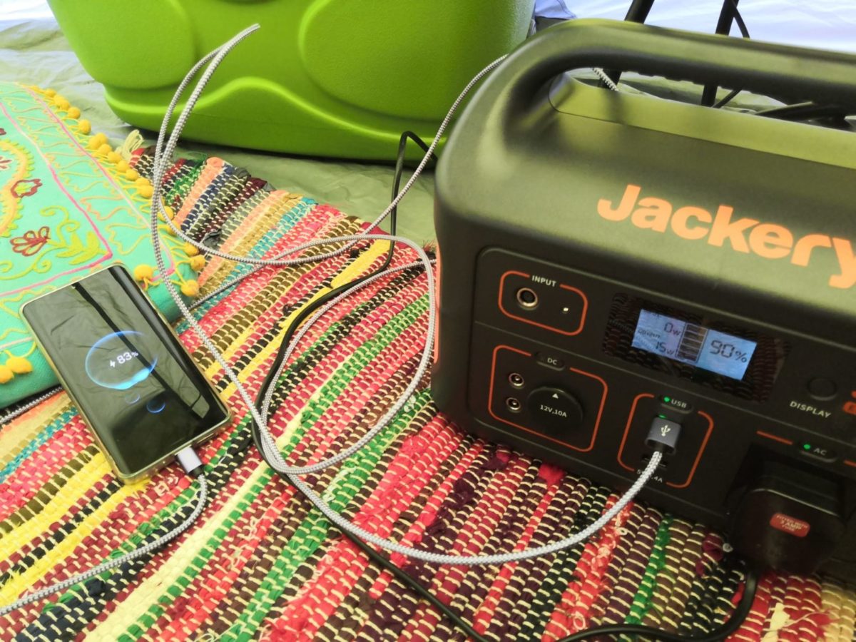 the Jackery Explorer 500 in use inside the tent